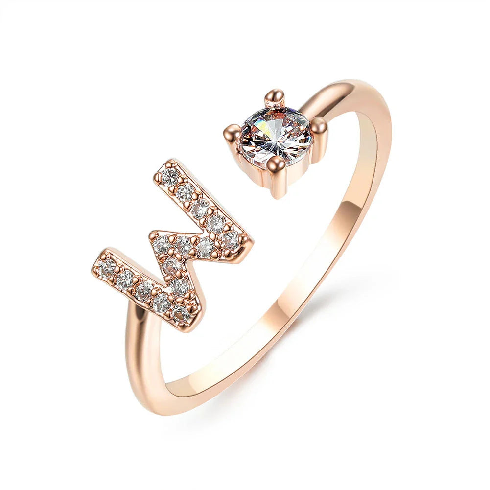 Personalized Initial Letter Crystal Ring with Adjustable Design in Gold, Silver, and Rose Gold Colors