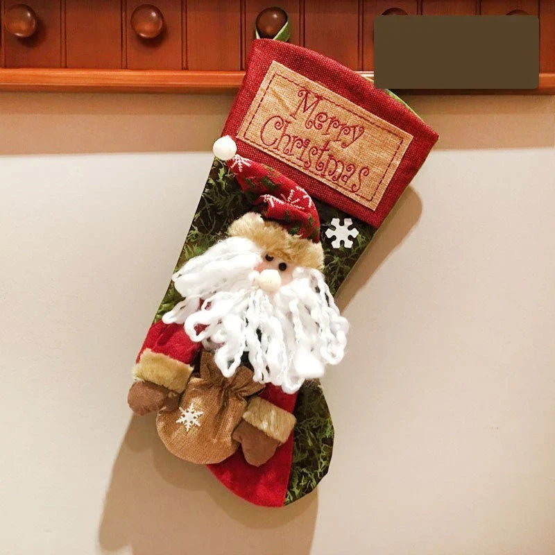 Premium Christmas stocking with 3D appliques of snowman, Santa, and reindeer for festive holiday decor