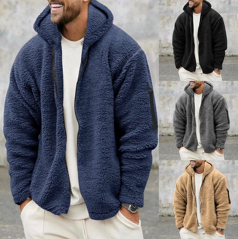 Plush hooded jacket in various colours, featuring a cosy design with a relaxed fit and convenient side pockets