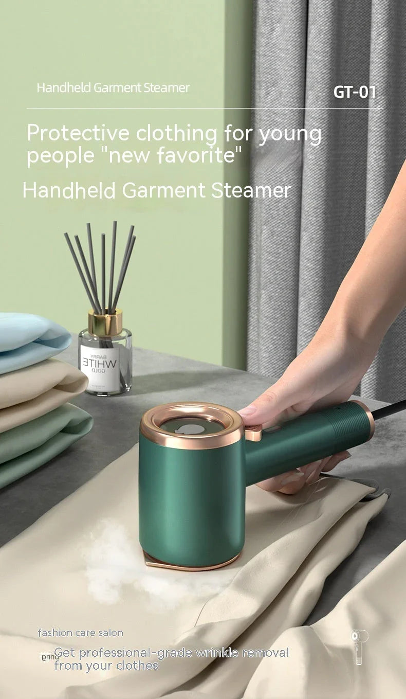 Compact, portable garment steamer with titanium-coated soleplate for wrinkle-free clothes at home or on the go