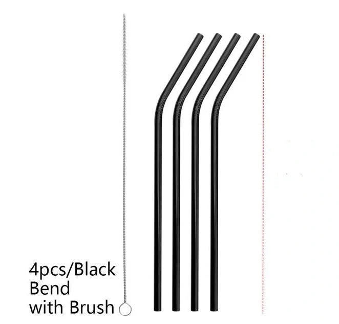 Colourful reusable stainless steel drinking straws with cleaning brush, perfect for eco-friendly sipping.