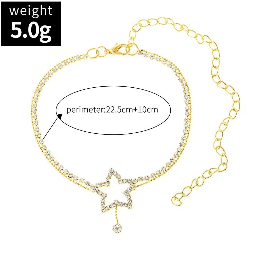 Elegant Rhinestone Star & Heart Anklet for Women in gold and silver