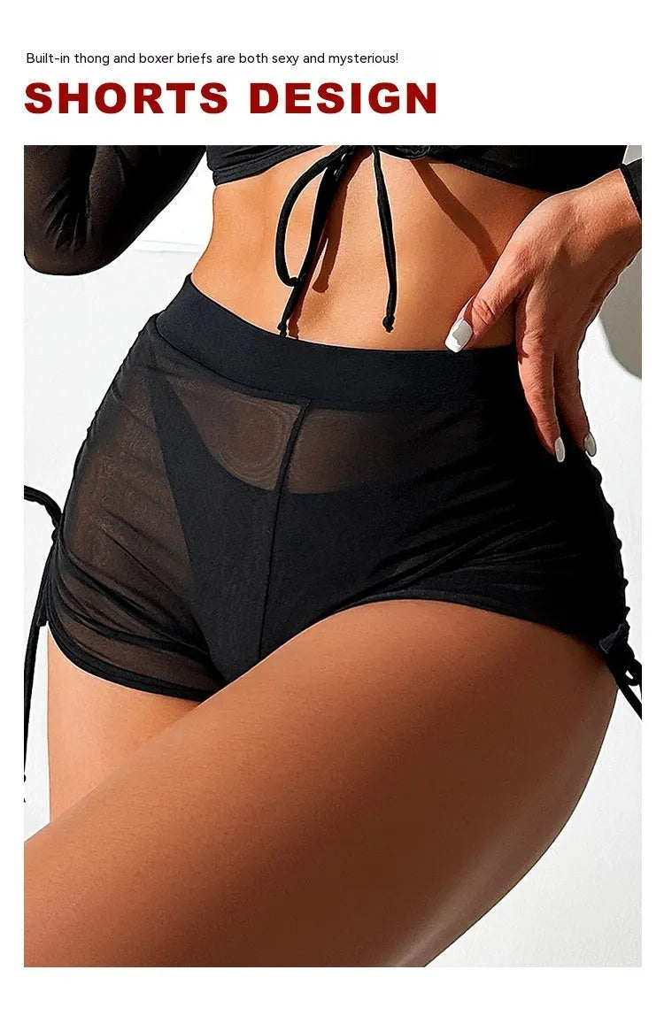 Black mesh long sleeve women's bikini top and briefs, a four-piece swimsuit set.