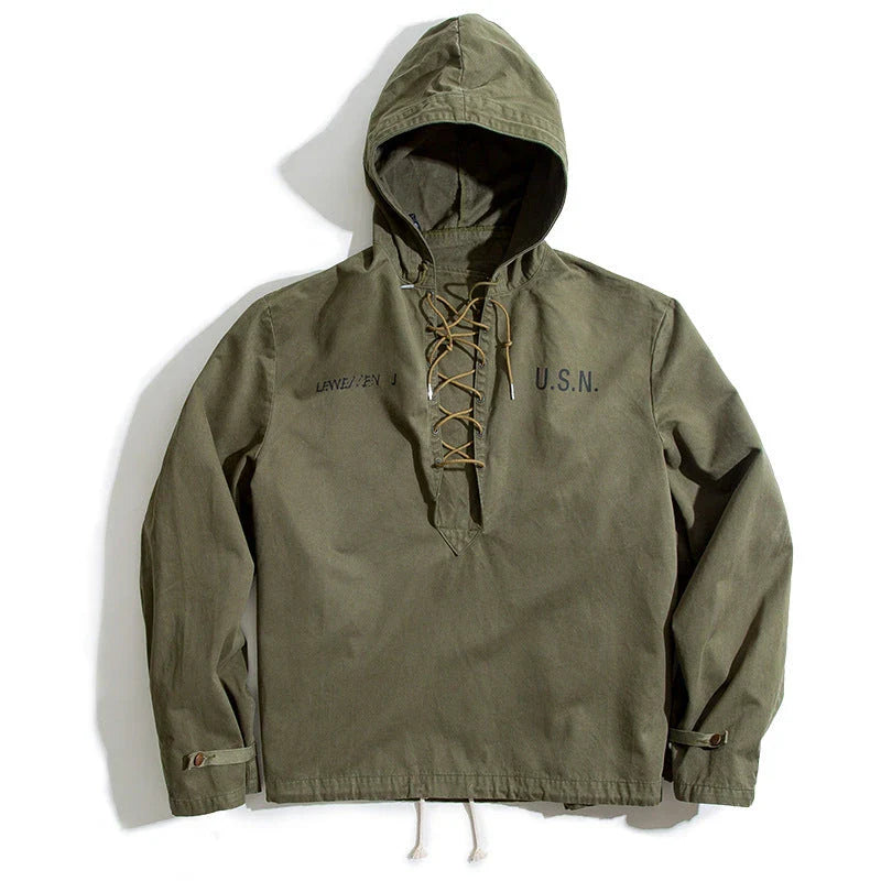 Versatile military-inspired windbreaker jacket for men in army green color, featuring a hooded design and tailored fit