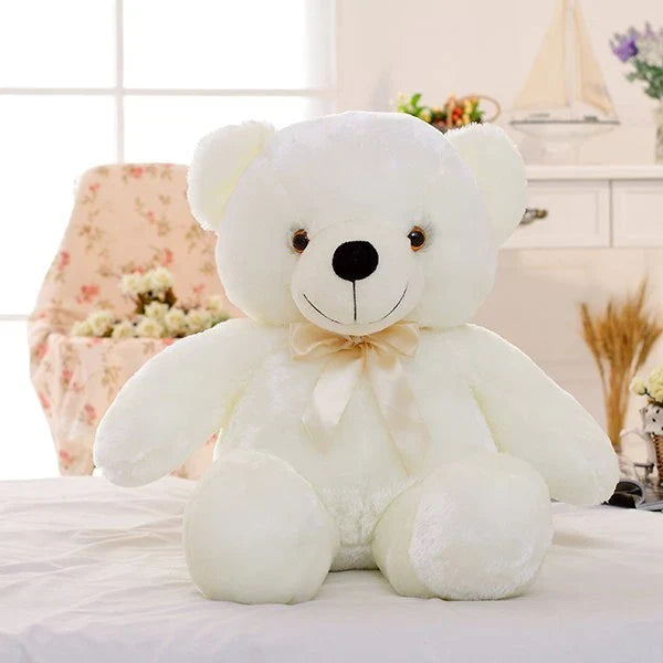 Illuminating plush teddy bear with color-changing LED lights, soft and huggable design in various sizes and colors