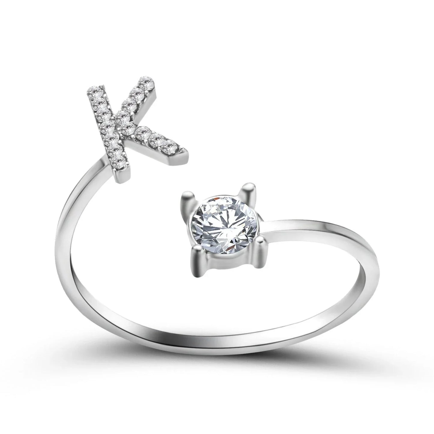 Personalized Initial Letter Crystal Ring with Adjustable Design in Gold, Silver, and Rose Gold Colors