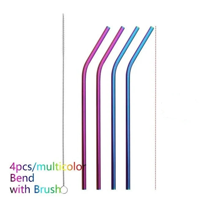 Colourful reusable stainless steel drinking straws with cleaning brush, perfect for eco-friendly sipping.