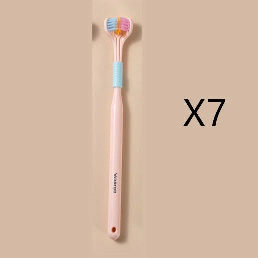 A soft bristle toothbrush with a unique triple-sided brush head for deep cleaning and customizable bristle firmness.