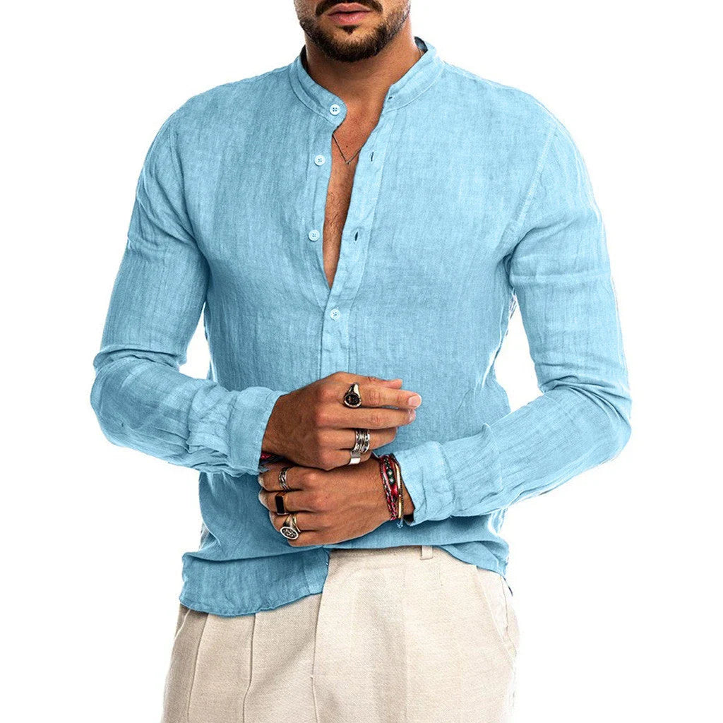 Stylish men's linen button-down shirt in a variety of classic colors