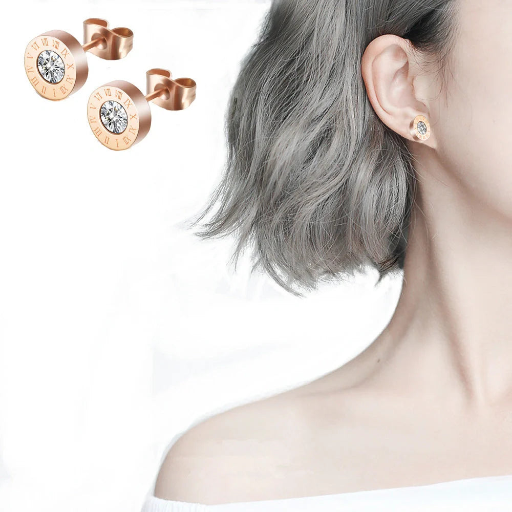 Elegant Roman numeral stud earrings crafted from premium titanium steel with sparkling zircon accents