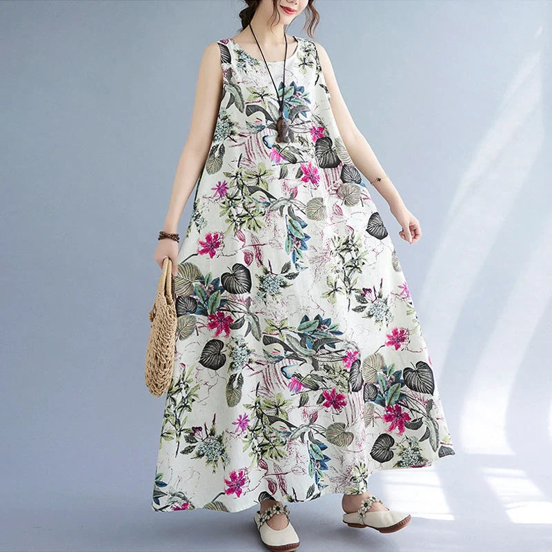 Elegant cotton linen dress in classic colours, featuring a sleeveless design and a loose waist silhouette for a flattering fit.