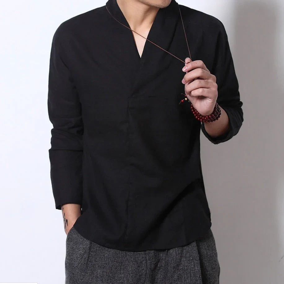 Classic men's long-sleeved linen shirt in a range of colours, featuring a relaxed, hedging style and Chinese-inspired stand collar
