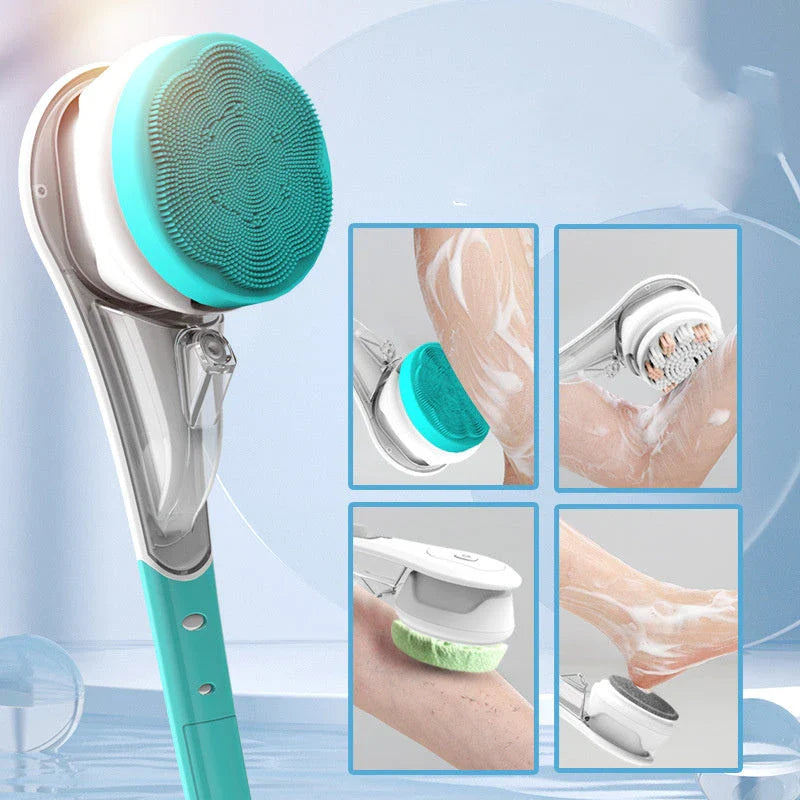 6-in-1 Electric Bath Brush with Silicone Heads, 3 Cleaning Modes, and Long Handle for Full-Body Cleansing and Massage