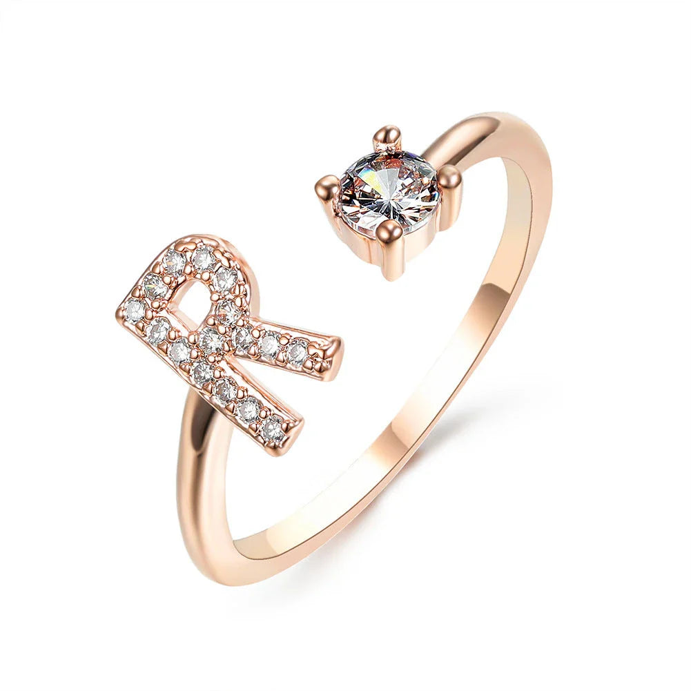 Personalized Initial Letter Crystal Ring with Adjustable Design in Gold, Silver, and Rose Gold Colors