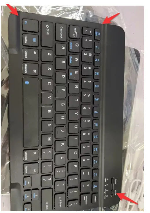 Black or white mini Bluetooth wireless keyboard shown in 7-inch, 9-inch, and 10-inch compact sizes.