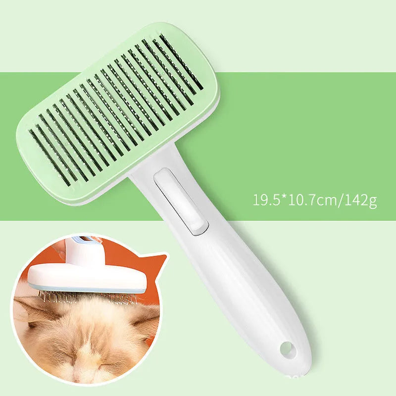 Blue automatic pet comb with one-click button for removing dog and cat hair on a table.