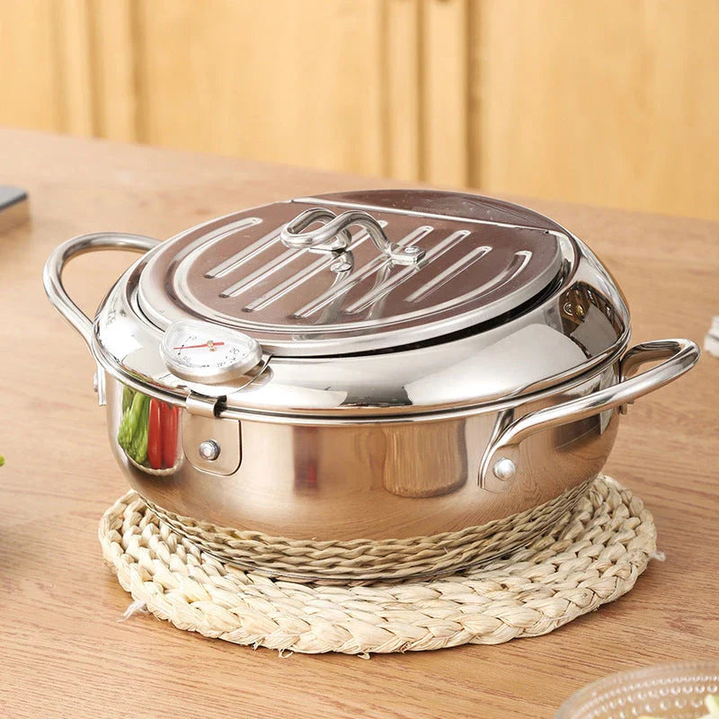 Stainless Steel Telescopic Frying Basket with Removable Thermometer for Precise Temperature Control and Easy Frying