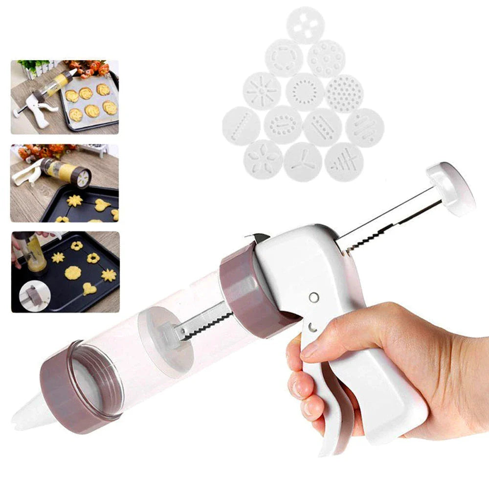 Premium cookie press kit with 13 decorative discs for creating a variety of homemade baked treats
