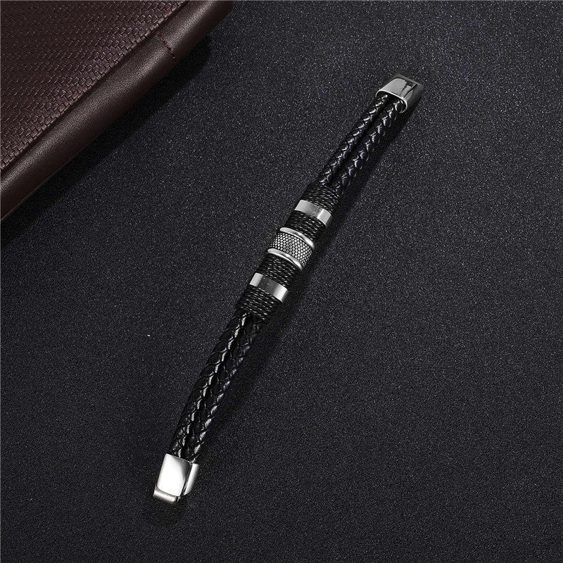 Men's black braid woven leather and titanium stainless steel bracelet