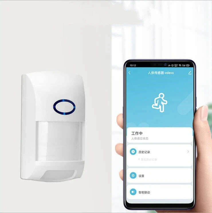 Infrared body sensor alarm with Wi-Fi connectivity, featuring long-range detection, wide coverage angle, and pet-proof sensitivity for comprehensive home security