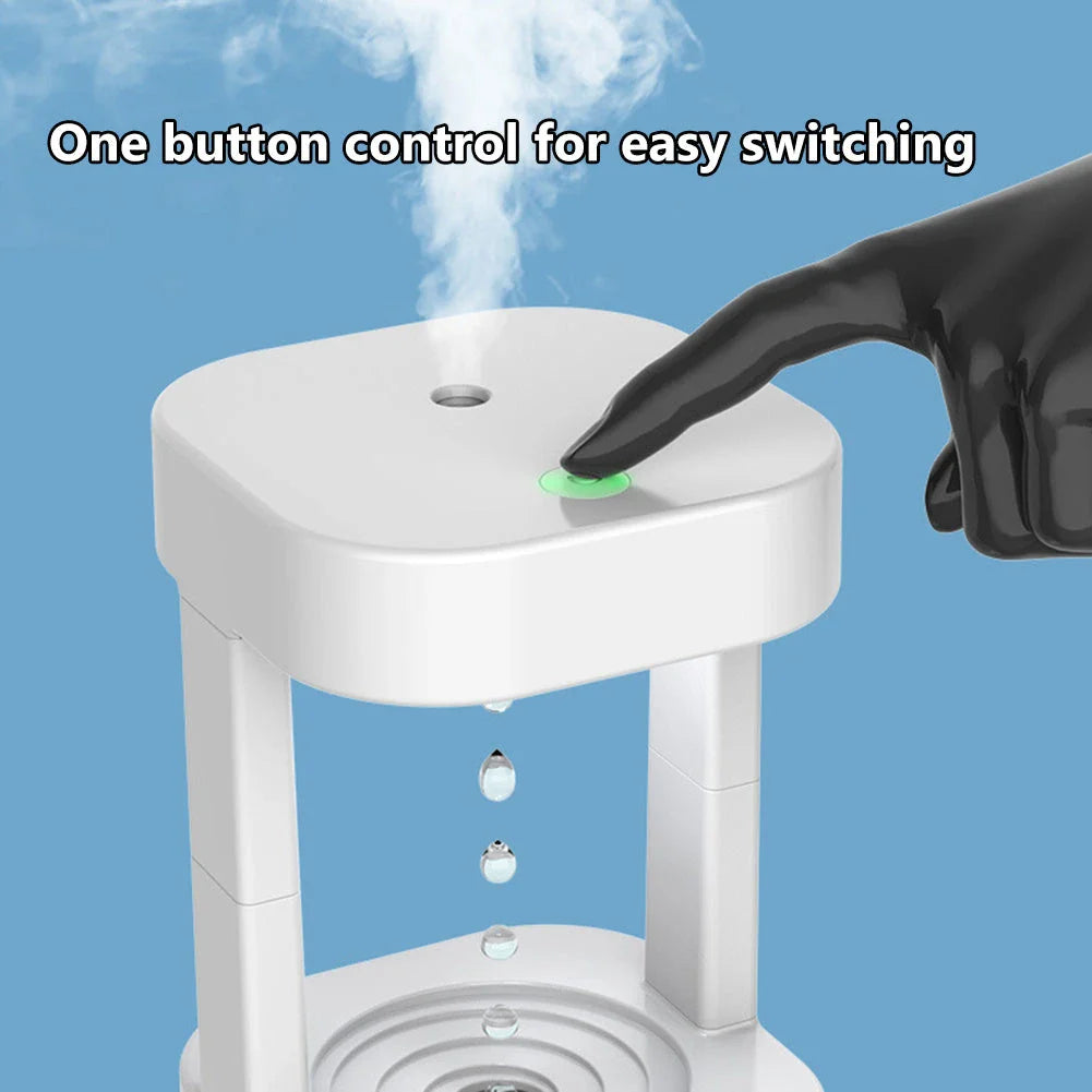 Anti-gravity humidifier with mesmerizing water droplets, designed for portable and quiet operation in home, office, or yoga studio