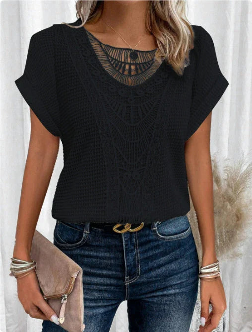A stylish and comfortable short-sleeve t-shirt for women, featuring a unique hollowed-out design and breathable polyester fabric.
