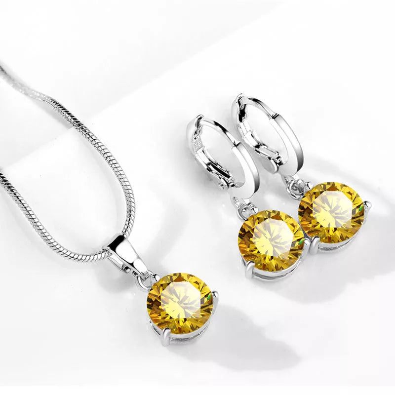 Zircon Water Drop Necklace and Earring Set with unique snake bone chain and mixed gem setting