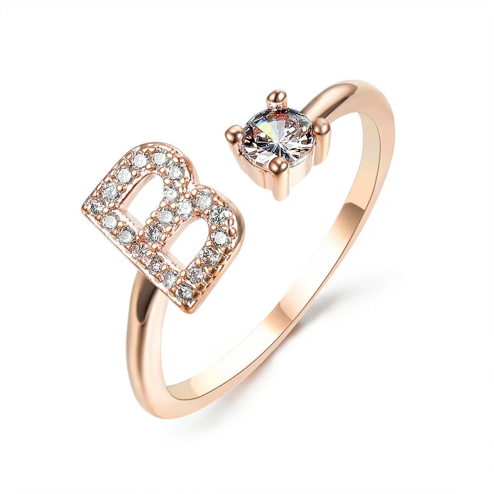 Personalized Initial Letter Crystal Ring with Adjustable Design in Gold, Silver, and Rose Gold Colors