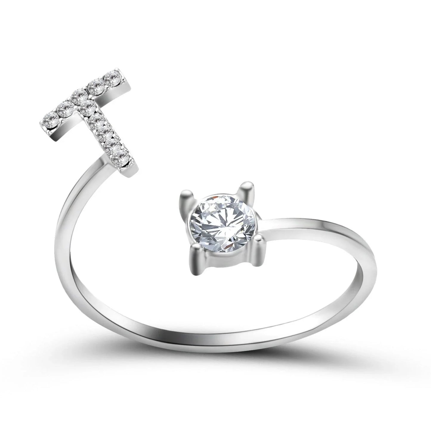 Personalized Initial Letter Crystal Ring with Adjustable Design in Gold, Silver, and Rose Gold Colors