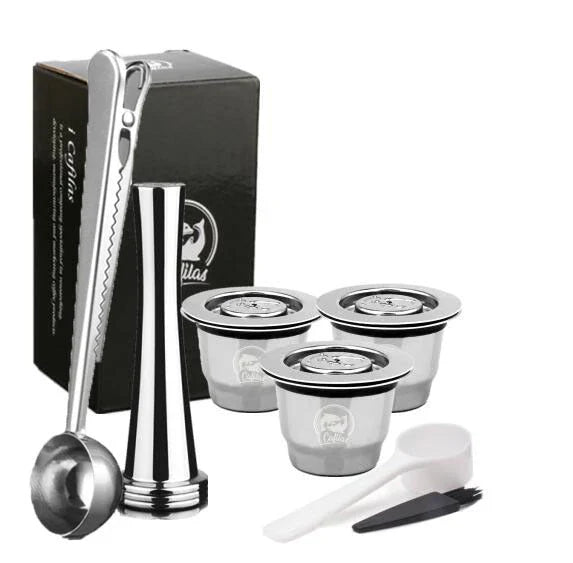 Premium stainless steel coffee capsule shells with a sleek square design, perfect for home, office, and cafe use.