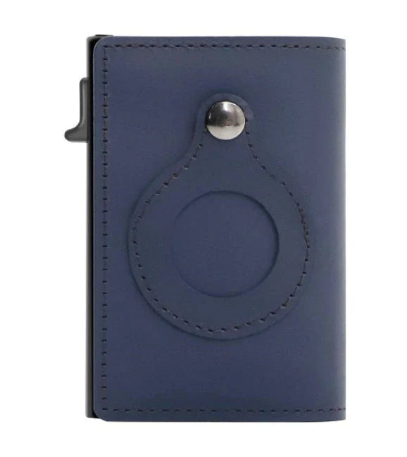 Premium leather wallet with built-in AirTag pocket and RFID blocking technology for secure everyday carry