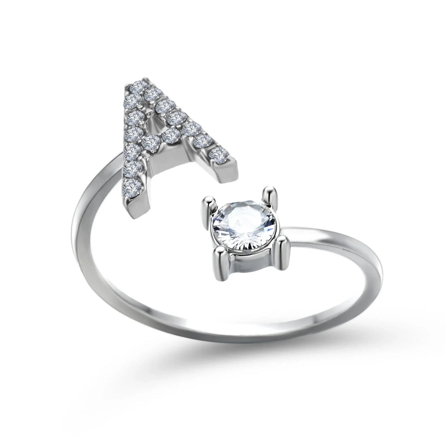 Personalized Initial Letter Crystal Ring with Adjustable Design in Gold, Silver, and Rose Gold Colors