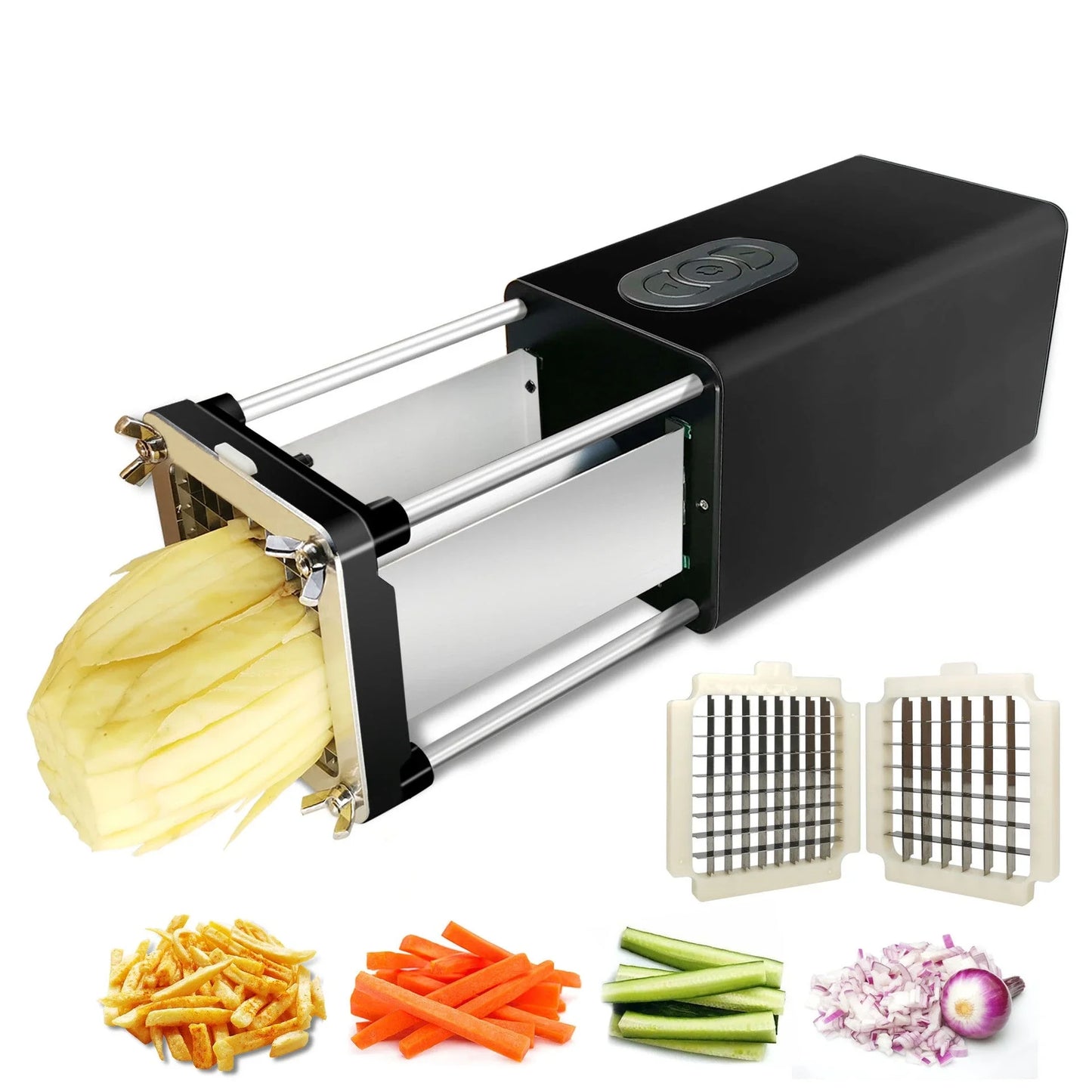 Premium electric French fry cutter with stainless steel blades and versatile cutting modes for commercial and home use