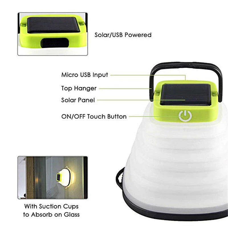 Compact and collapsible solar-powered camping lantern with adjustable brightness and IP68 waterproof rating