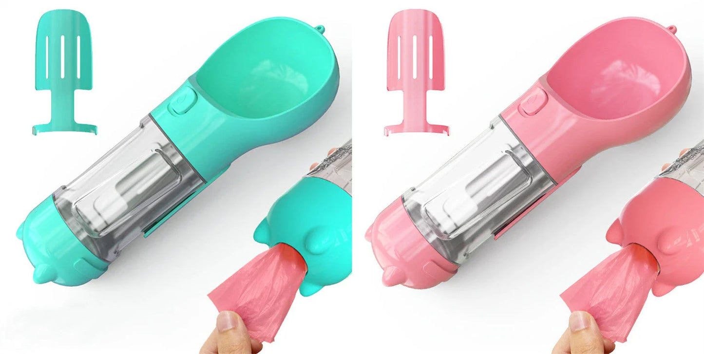 Multipurpose Pet Water Bottle with Feeding Bowl and Waste Bag Storage - Durable, Portable, and Convenient