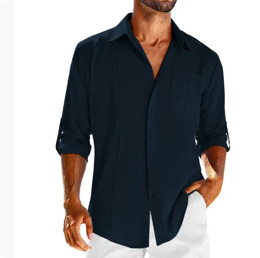 Men's solid colour long sleeve cotton blend shirt with polo collar and lace-trimmed chest pocket