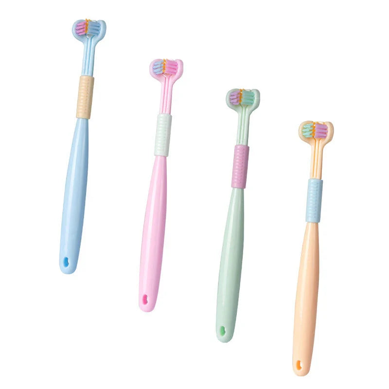 A soft bristle toothbrush with a unique triple-sided brush head for deep cleaning and customizable bristle firmness.