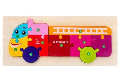 A charming wooden puzzle featuring a variety of cartoon animal designs, including a steamship, aircraft, dinosaur, and more.