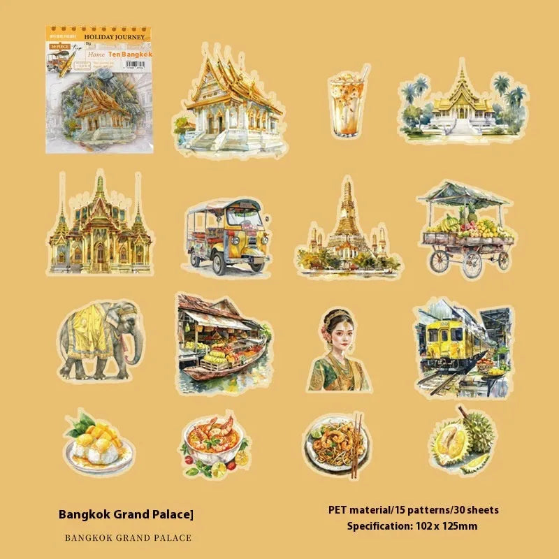 Sheet of retro-style printed stickers showing architectural landmarks including Paris Arc de Triomphe and Bangkok Grand Palace.