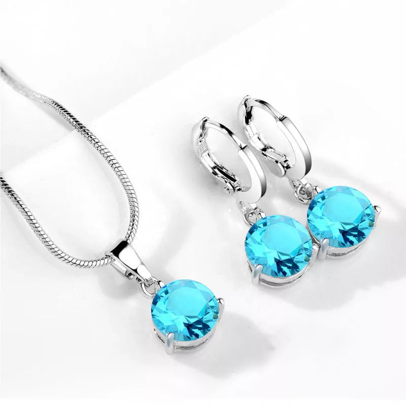 Zircon Water Drop Necklace and Earring Set with unique snake bone chain and mixed gem setting