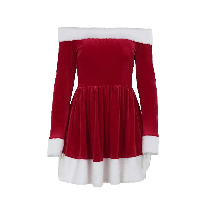 Women's festive Christmas Santa dress with plush trim, boat-neck off-the-shoulder design, and red color