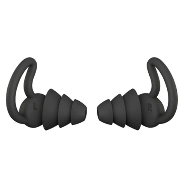 Soft, flexible silicone earplugs in grey and black colours, designed to block out disruptive sounds for a peaceful night's sleep