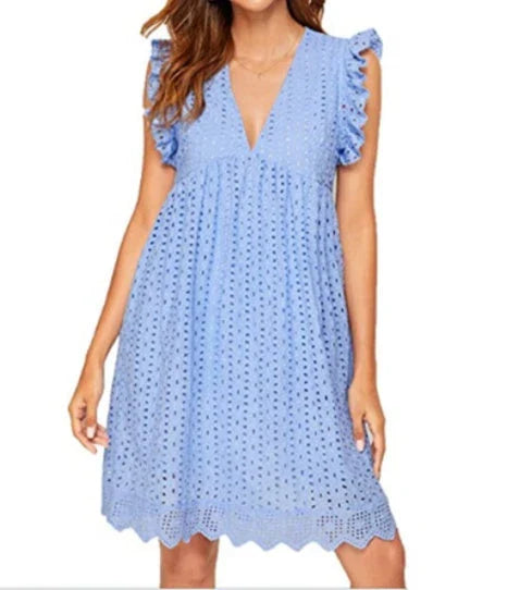 Stylish summer beach dress with lace accents, pockets, and a variety of vibrant color options