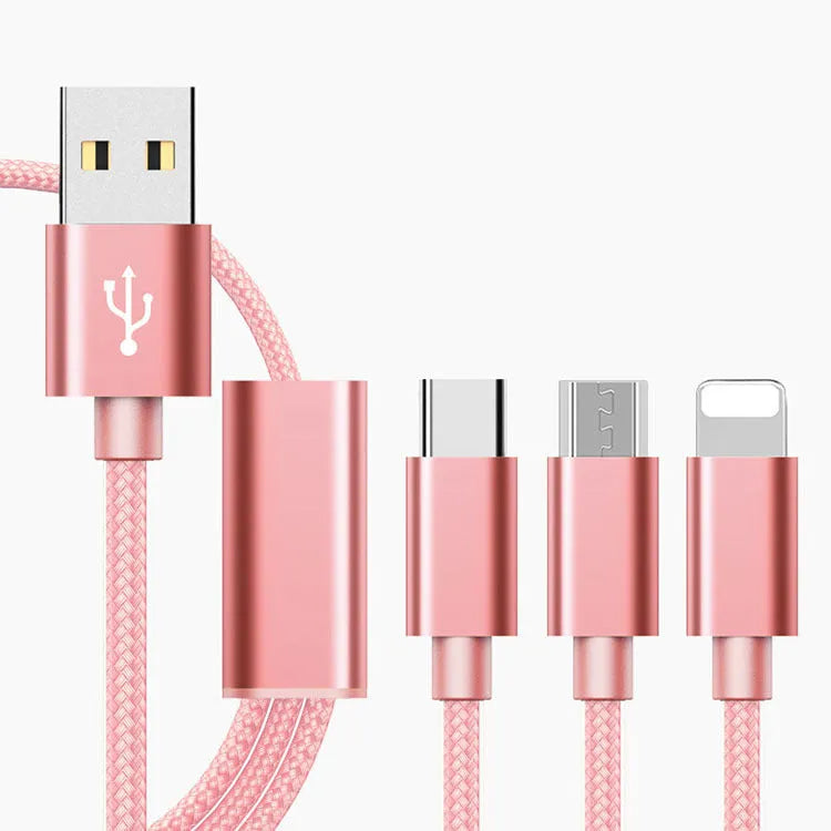 A 1.2 metre three-in-one charging cable showing Micro USB, Lightning, and USB-C connectors in a choice of colours.