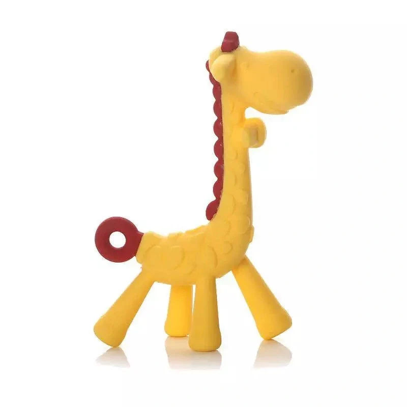 Adorable giraffe-shaped baby teether toy with multiple chewable parts for soothing sore gums