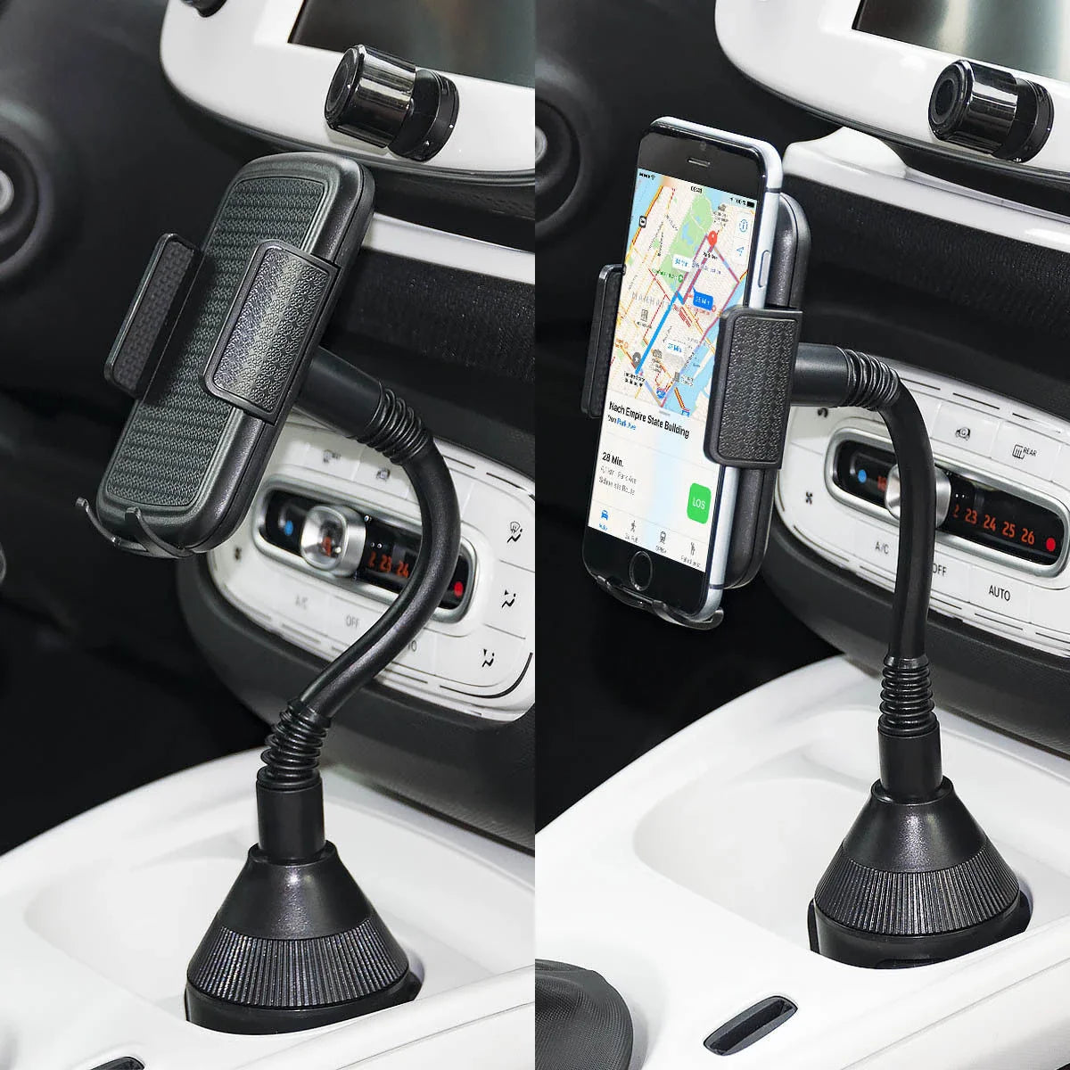 Versatile car cup holder and phone mount with 360-degree rotation and durable ABS construction