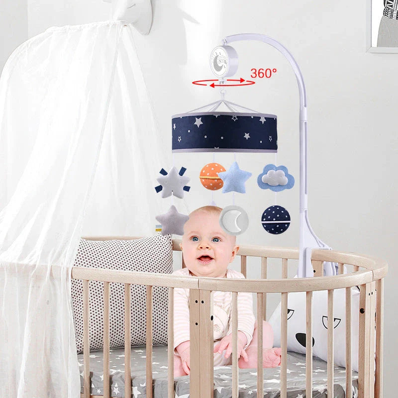 Adjustable baby crib mobile with soft lights, soothing melodies, and plush pendants for calming sleep environment