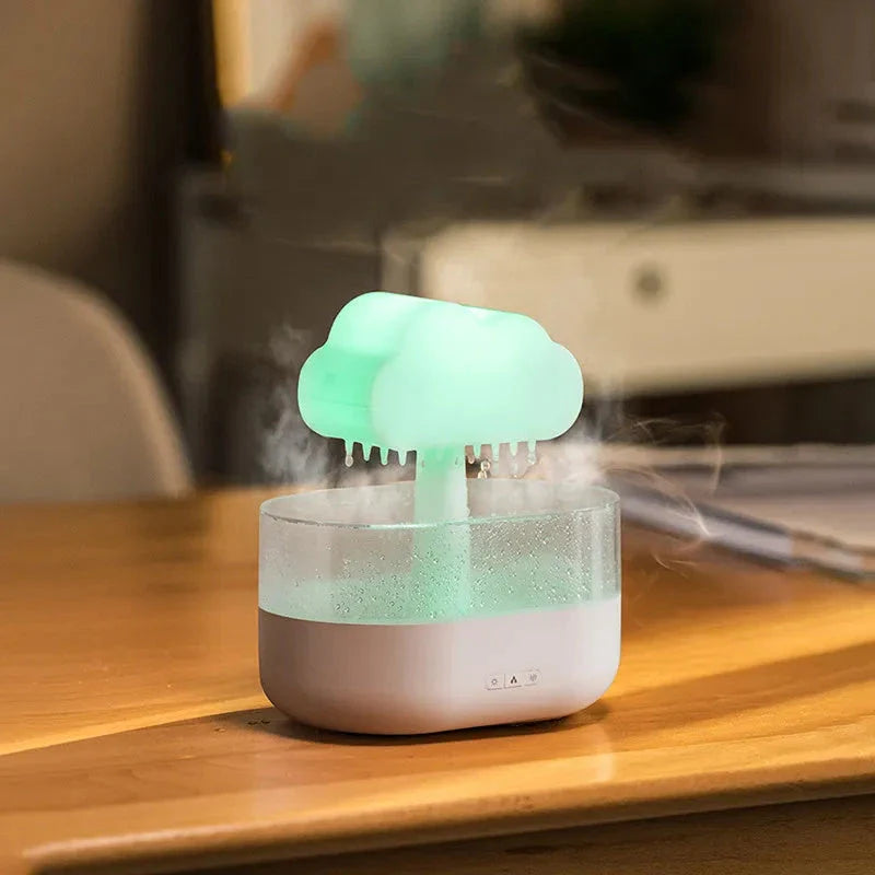 Cloud-shaped humidifier with color-changing LED lights, designed for improved air moisture and aromatherapy enjoyment