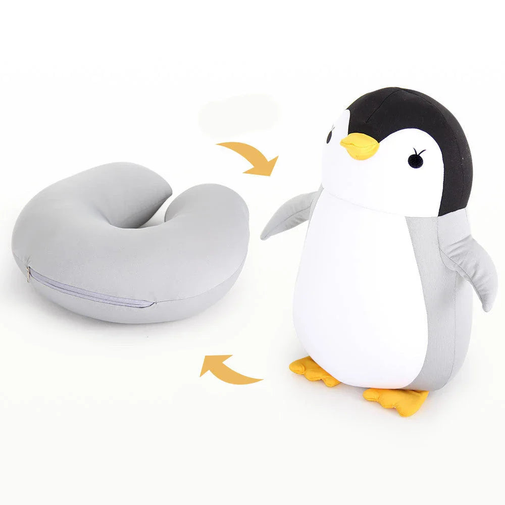 A soft and cozy penguin-shaped neck pillow with a unique U-shaped design for customized neck and shoulder support.