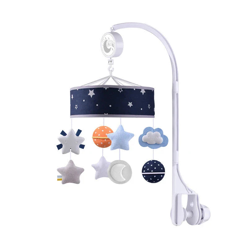 Adjustable baby crib mobile with soft lights, soothing melodies, and plush pendants for calming sleep environment